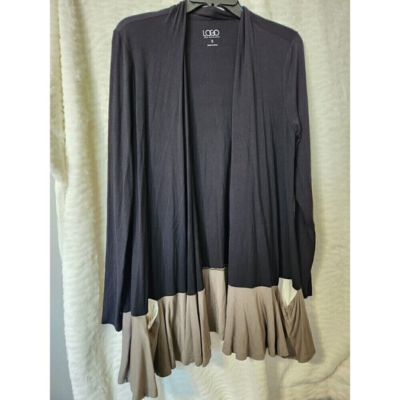 LOGO Lori Goldstein Small Rayon Blend Stretch Color Block Cardigan Black Olive - Picture 1 of 5